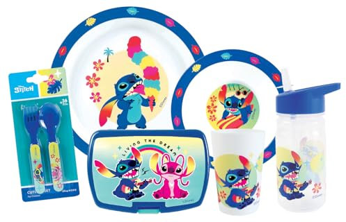 FUN HOUSE | Set Complet Boite Repas Angel & Stitch Pour Enfant | 1 Verre, 2 Assiettes + Couverts + Gourde et Boite Goûter | Licence Officielle | Réutilisable et Micro-ondable | Idée Cadeau Enfant