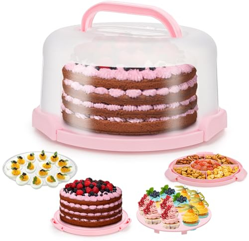 Coloch Cake Carrier with Lid and Handle, 3 in 1 Multipurpose Cupcake Holder for 10 In Cake, Portable Dessert Container for 11 Cupcake Plastic Devil Eggs Holder for Cupcake, Muffins, Eggs, Snack, Fruit