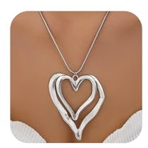 Collana girocollo da donna in oro grosso, con doppio cuore grande, in argento spesso, con ciondolo a forma di cuore, Y2K, idea regalo per feste, One Size, Metallo, Non pietra preziosa