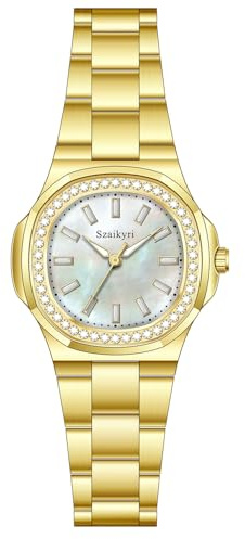 Szaikyri Reloj Elegante para Mujeres con Acento en Cristales y Correa de Acero Inoxidable Sólido - Reloj de Coctel para Damas (Oro Blanco)