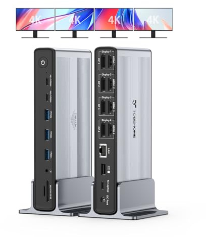 TobenONE DisplayLink Docking Station 4 Monitors, 20-in-1 Quad 4K@60Hz HDMI Display with 150W Power Supply for Thunderbolt 5/4/3, USB-C Windows,Chrome, MacBook/Mac mini(6 USB, Ethernet, SD/Micro SD)