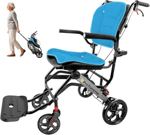 ProTraverse Wheelchairs for Adults,Transport Wheelchair Lightweight Foldable with Removable Cushion,Transport Chair,Ergonomic Travel Wheelchair with Telescopic Handle,Gifts for Grandpa,Blue