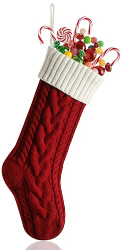 Dcsfadq 1PCS Weihnachtsstrumpf 46cm Große Gestrickter Christmas Stockings Nikolausstrumpf, Rot mit Weißer Bordüre, Zopfmuster Weihnachtsstrumpf für Familienparty Weihnachts Dekoration