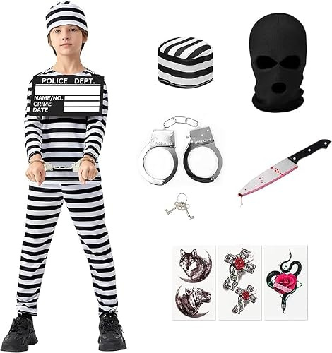 Lubolee Déguisement Prisonnier Enfant, Déguisement Carnaval pour Petit Garçon avec Uniforme de Prison, Plaque d'Identité Numérique, Menottes, Dague, Casquette et Autocollants (110)