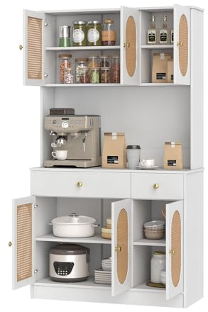 KOMFOTTEU Credenza Alta da Cucina con Stazione di Ricarica, Armadio Dispensa con 2 Cassetti e Ante, Mobile Buffet con Ripiani Regolabili, per Sala da Pranzo, Soggiorno, 100 x 40 x 180 cm (Bianco)