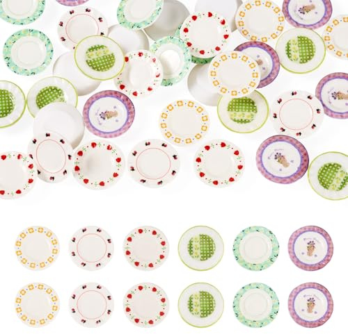 Beadthoven - 36 piezas de 6 colores en miniatura de accesorios de cocina en miniatura de resina para casa de muñecas, bonita vajilla de plástico para decoración de fiestas, suministros de manualidades