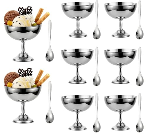 8 Cuencos Helado Acero Inoxidable 270ml Patas Postre con Cuchara o Tenedor