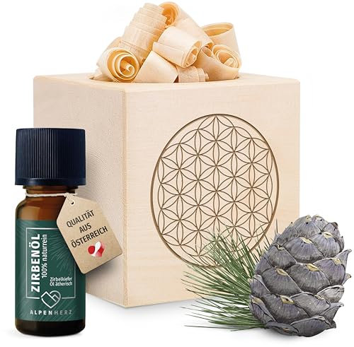 Alpenherz Zirbenwürfel Set - Zirbenöl 10 ml naturrein aus Österreich - Zirbenholz Würfel Duftspender Zirben Duft Holz Deko Zirbe Geschenke Yoga Zirbelkiefer Zirbenset (Lebensblume, Blume des Lebens)