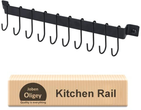 Portautensili da cucina con 10 ganci, per pentole da cucina, padelle, organizer in ferro battuto da appendere a parete, con supporto per utensili da appendere, 45,5 cm, colore nero