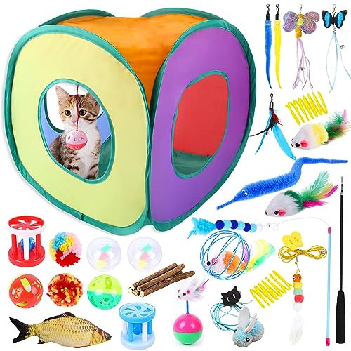 JOTOL Katzenspielzeug Set,22 Stück Katzen Spielzeug,mit Katzentunnel,Federspielzeug,Plüschspielzeug,Spielzeugmäuse Katzen Spielzeug für Kitty,Welpe,Kätzchen