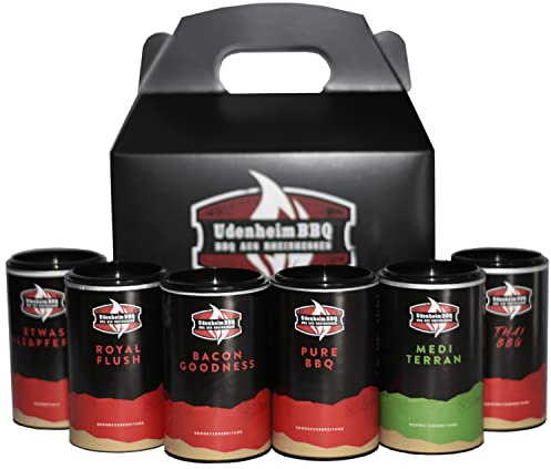 Royal Spice Udenheim BBQ – All-In Box 650 g – 6er Set einzigartiger Gewürzmischungen & Trockenmarinaden – einzigartige Grillgewürze - Probierset 6er Set mit Bacon Rub, Thai BBQ & mehr