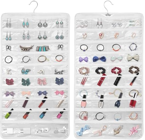 Linkstyle Organizer per Gioielli Appeso, Rotolo per Gioielli da Viaggio Doppio Lato, Borsa Portagioie da 160 Tasche con Gancio, 2 Pezzi
