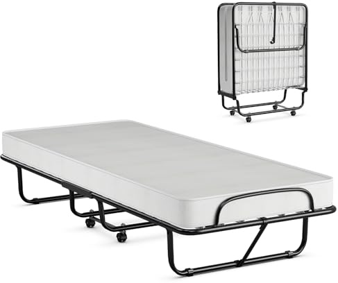 GOPLUS Cama Plegable Cama de Invitados 80 x 190 cm, con Colchón de Espuma Viscoelástica de 10 cm de Espesor, Estable Armadura de Metal con Ruedas, Fabricado en Italia, Soporta hasta 120 kg