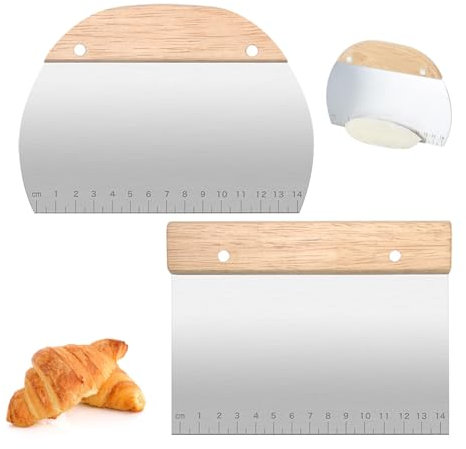 Fyfjur Teigschaber Edelstahl, 2 Stück Teigkarte mit Schuppen und Holzgriff, Halbkreisförmiger und Rechteckiger Teigschneider, Teigspachtel zum Schneiden von Teig, Pizza, Nougat, DIY Backschaber