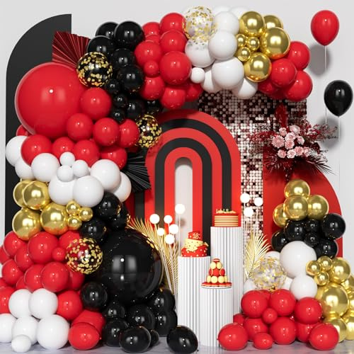 Ousuga Kit Arche Ballon Noir Rouge, 142Pièces Guirlande Ballons Noir Rouge Blanc Or Métallique Ballon Confetti Fille Garçon Fête Anniversaire Fiançailles Casino Mariage Diplôme Douche Nuptiale Décora
