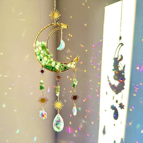 Cnwinu Crystal Suncatcher, Gold Moon Catchers Hanging with Chain Pendant Ornament, Rainbow Sunlight Deco, Wind Chimes for Window Bedroom Car Home Garden Party Decorations (Hourglass Moon Green)