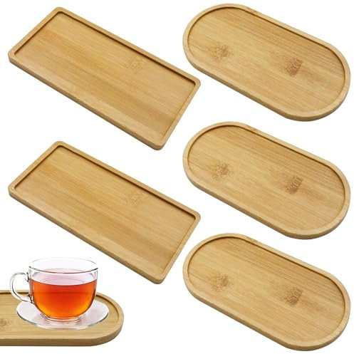 OMJMYY Oval Bamboo Serving Tray 17.5 x 8.8 Cm Small Wooden Tea Set with Cup Coaster for Coffee, Wine Glasses, Flower Plants and Succulents