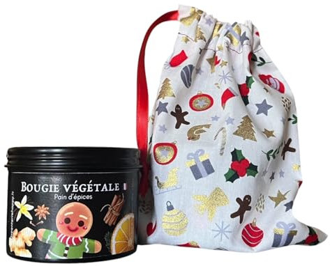 Bougie de Noel pain d'épices parfum naturel emballée dans un pochon cadeau en tissu Green Terre Happy