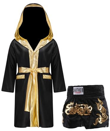 MSemis Muay Thai Boxing Anzug Kinder Jungen Taekwondo Uniform Langarm Offene Robe Kapuzenmantel mit Metallic Shorts Schwarz 134-140