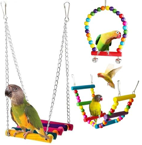 3 Pack Budgie Toys, Cockatiel Toys Bird Toy, Colorful Wooden Budgie Swing, for Chewing, Climbing, and Hanging in Bird Cages - Ideal for Parakeet, Cockatiel, Lovebird