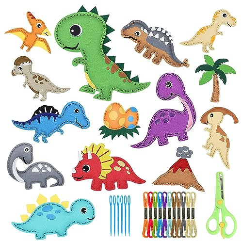 Jesustree Kit Couture Enfant, 14 Pièces Kit de Bricolage en Feutre de Dinosaure, Loisirs Créatifs, Materiel Bricolage Activites Manuelles, Ensemble d'artisanat pour Garçons Filles Débutants