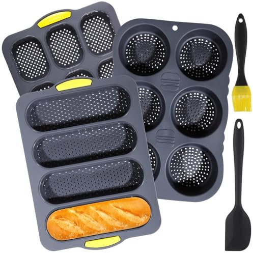 OMISTAR Silicone Hamburger Bun Mold Set of 5-4 6 9 Cup Silicone Hamburger Bun and Baguette Pan with Scraper and Oil Brush,Nonstick Baking Tray Bread Pans for Homemade Bread Loaf Sandwich
