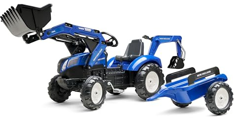 FALK Baggerlader mit Pedalen New Holland mit Bagger und Anhänger – Blau – Frontlader und Bagger mit Gelenken, drehbarer Sitz ab 3 Jahren – 3090Y