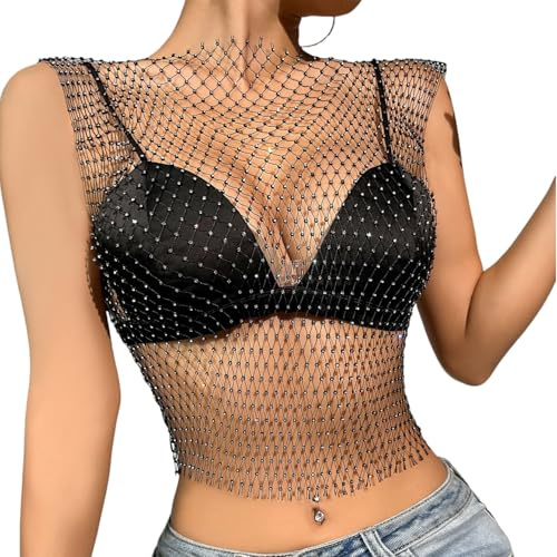 BrightGlow Dam, transparent fisknät, topp, mesh, kristall, topp, glitter, linne, strass, fisknät, tank-topp, bikini, skydd, sexig, transparent nättopp för nattklubb, Svart (rundhalsad krage), S