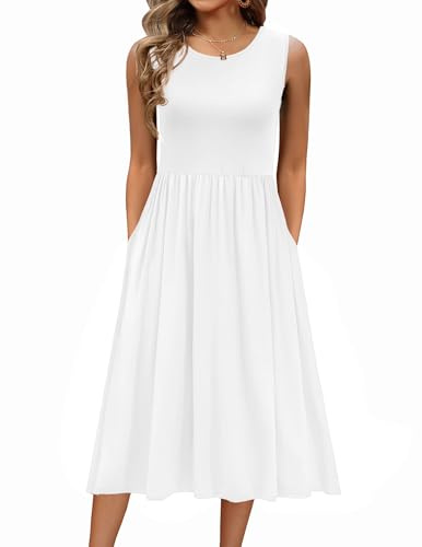 Zeagoo Women's Summer Dress Sleeveless Elegant A Line Tank Dress Casual Crew Neck Dresses Midi Swing with Pockets White M