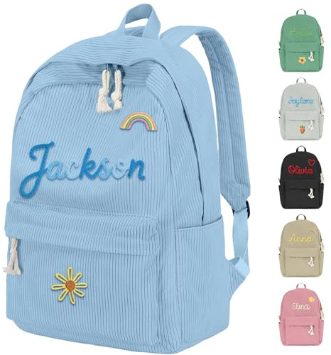 WolunLi Mochila personalizada para niñas y niños, mochila de pana con nombre y bonito icono, mochila escolar para niños, Azul, Regular