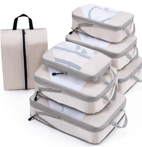 Meowoo Set di 7 cubi per imballaggio a compressione, organizer da viaggio in rete ripstop per bagagli, multifunzionali, ultraleggeri, espandibili, cubi da imballaggio per valigie, bagagli a mano