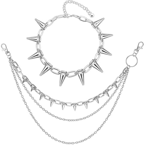 ZYEKIU 2 Pièces Ensemble de Colliers et Chaînes pour Pantalons Rock Collier à Rivets, Gothic Chaine pour Pantalon, Collier Rock Punk, Idéal pour les Danseurs Musiciens Rock Fans de Hip-hop (argent)