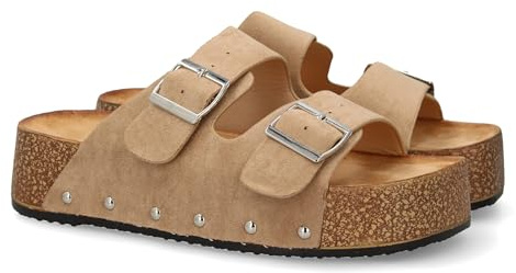 94412 Sandalia de Plataforma para Mujer, Comodas y Elegantes, con Planta Anatomica, diseno moderno con detalles metalicos y Cierre de Hebillas, Ideales para Primavera Verano. Kaki Talla 39