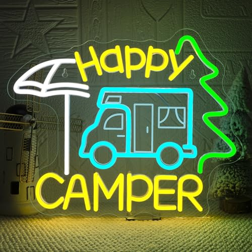VYXIN Letrero de Neón Happy Camper, Letrero de Neón para Acampar, Letreros Led para Acampar Adecuados para Decorar Lugares como Acampadas, Picnics, Bivouac, Camping, Terraza, Jardín