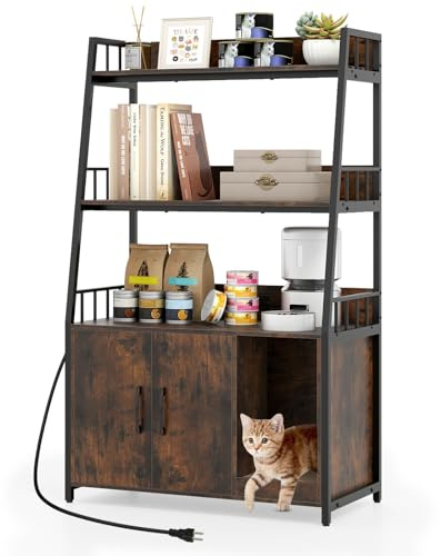 GOPLUS Armario de Caja de Arena para Gatos, Armario de Baño Oculto con Estantes de 3 Niveles, Estación de Carga, Entrada Sinuosa y Tablero Rascador, Mueble Versátil para Gatos (Marrón)