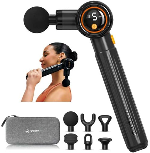 Pistola de Masaje Muscular,Napre Pistola Masaje Muscular con Mango Largo y 3 ángulos Ajustables,Massage Gun Pistola Masajeadora,6 Cabezales y Pantalla LED,Masajeador Muscular Cervical y Espalda,Negro