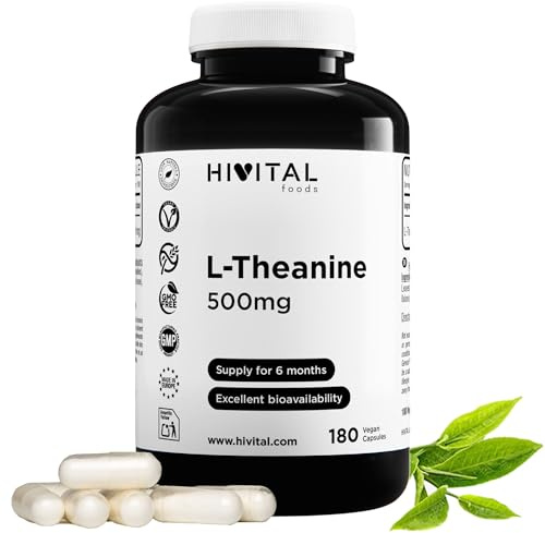 L-Teanina 500 mg. 180 capsule vegane per 6 mesi. Aminoacido 100% Naturale da Estratto di Foglie di Tè Verde (Camellia Sinensis). Per il rilassamento e l'umore. Prodotto in Europa da HIVITAL