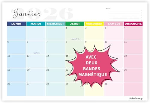 Calendrier 2026 Mural (18 Mois) Janvier 2026 à Juin 2027 Magnetique Frigo 31 x 21cm Familial Calendrier Planificateur Mensuel avec Jours Fériés pour Organiser