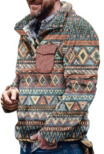 Generisch Aztec Fleece Pullover Men's Fuzzy Sherpa Fleece Jacket Button Down Sweatshirt Warm Sweatshirt with Pocket Winter Jumper Norwegian Pullover Fleece Jumper Turtleneck Pullover Tops