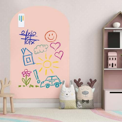Magnettavla för barn, 80 x 118 cm stor magnetisk vägg självhäftande, magnetisk krittavla i bågform för barnrum – 12 kritpennor, 1 rengöringsduk
