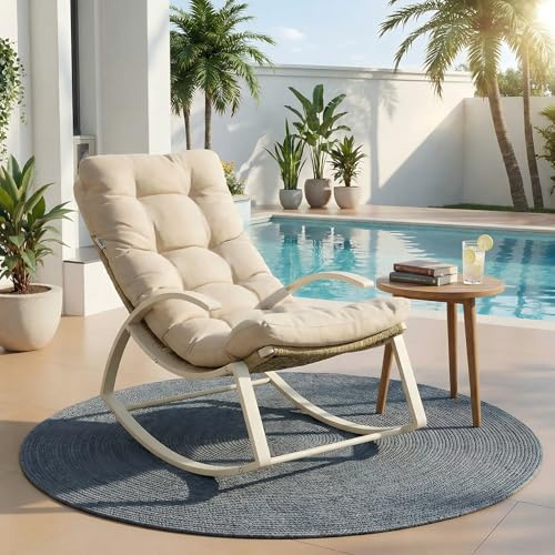 IRONCK Outdoor Rocking Chair with Armrest and Cushion, Patio Rocking Chair, 480lbs Capacity, Handwoven Twisted Rattan Rocker for Garden, Living Room, Balcony, Beige
