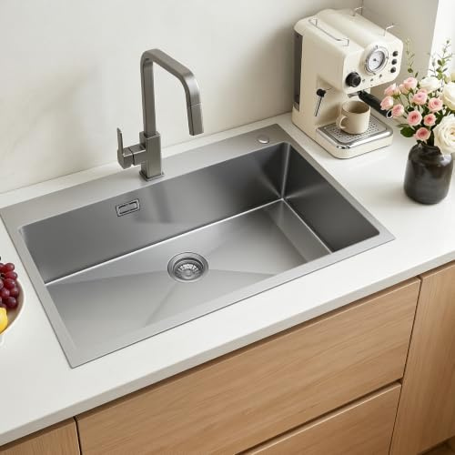 VEVOR Fregadero Sobre Encimera de 1 Seno, 850 x 450 x 190 mm, Fregadero de Cocina Empotrable de Acero Inoxidable, Esquinas Redondeadas, para Lavavajillas Domésticos, Cocinas Auxiliares, Lavaderos