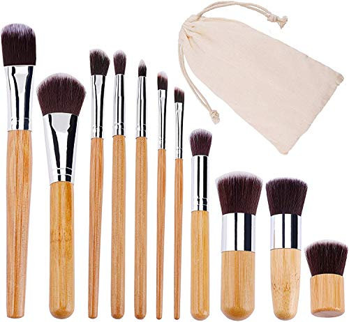 VOANZO 11pcs Set di pennelli per trucco Set di pennelli per trucco in bambù naturale morbido sintetico Correttori Labbra Ombretti Kit pennello per miscelazione con custodia da viaggio