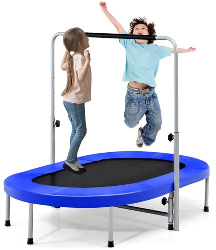 GYMAX Klappbares Trampolin für 2 Personen, Fitness Trampolin mit 5-stufig verstellbarem Haltegriff, Minitrampolin für Kinder & Erwachsene, bis 150 kg belastbar, für Indoor & Outdoor (Blau)