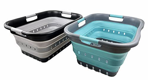SAMMART 41L zusammenklappbarer Wäschekorb aus Kunststoff mit 3 Griffen – faltbarer Pop-Up-Aufbewahrungsbehälter/Organizer – tragbare Waschwanne (Legierungsgrau + Kristallblau (2er-Set))