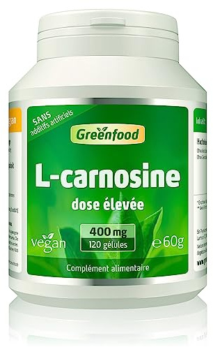 Greenfood L-carnosine, 400 mg, dose élevée, pure, 120 gélules, vegan. Sans additifs artificiels. Sans OGM. Sans gluten. Sans lactose. Gélules végétales.