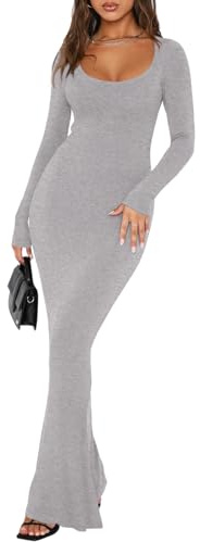 REORIA Womens Sexy Square Neck Long Sleeve Soft Lounge Long Dress Fall Casual Ribbed Bodycon Maxi Dresses