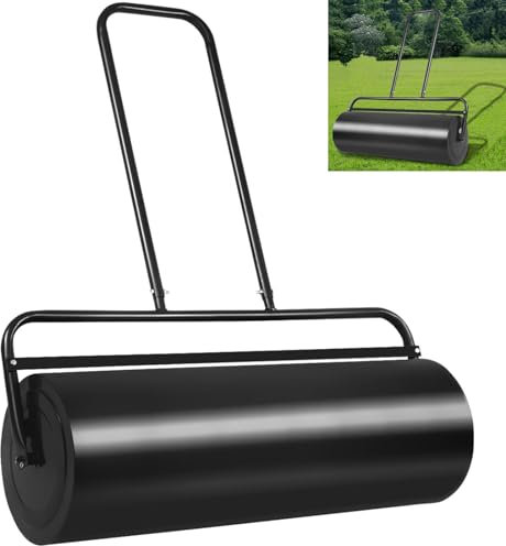 GiantexUK 48L/63L Garden Lawn Roller, Water/Sand Filled Lawn leveller with Scraper Drum & Removable Drain Plug, Heavy Duty Metal Lawn Push Rolling Tool for Grass Seed (48L, 110cm U-Handle, Black)