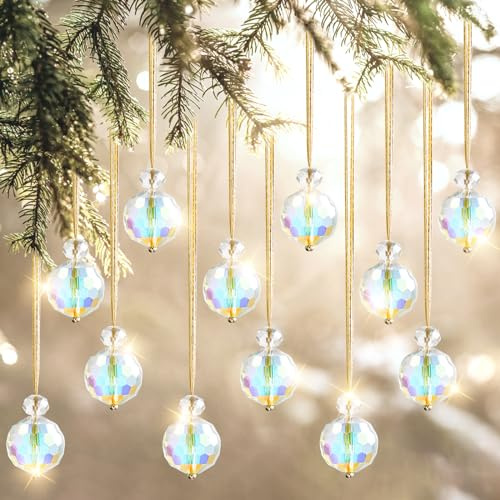 UXORSN 12 Pcs Boules de Noel 22 mm Décorations Sapin de Noël Boule de Cristal Suncatcher Attrape Soleil Pendentifs Arcenciel Boule de Prisme Suspension Lustre Feng Shui pour Noel Sapin Fenêtre Jardin