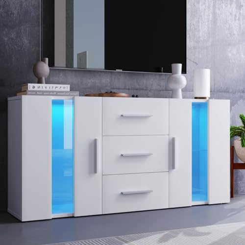 KOMHTOM Buffet Lumineux à LED, Meuble TV Moderne Blanc, Armoire de Rangement avec 3 tiroirs et 2 Portes, Commode pour Salon, Chambre à Coucher, Couloir et Salle à Manger (H)